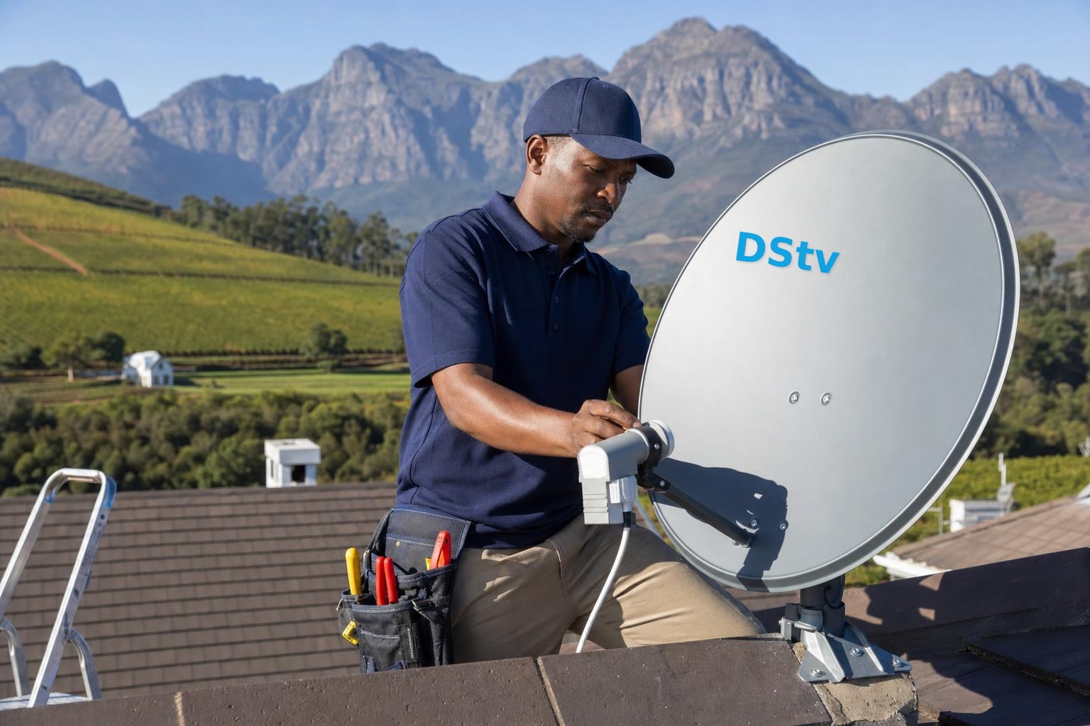DSTV installer mounting a satellite dish on a Winelands rooftop