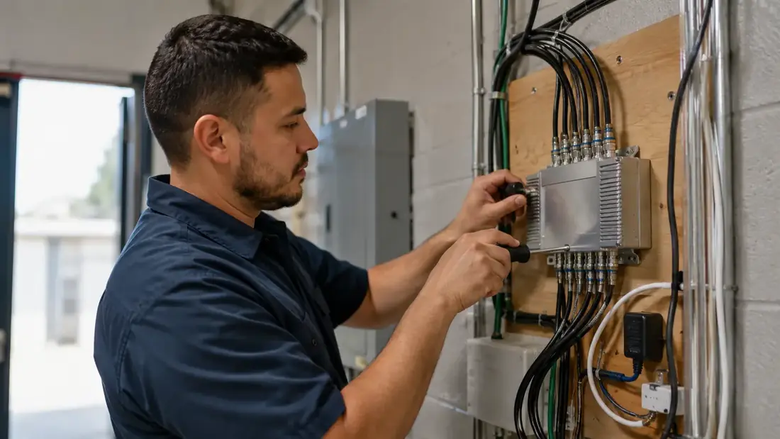 Signal distribution amplifier feeding multiple commercial TV points