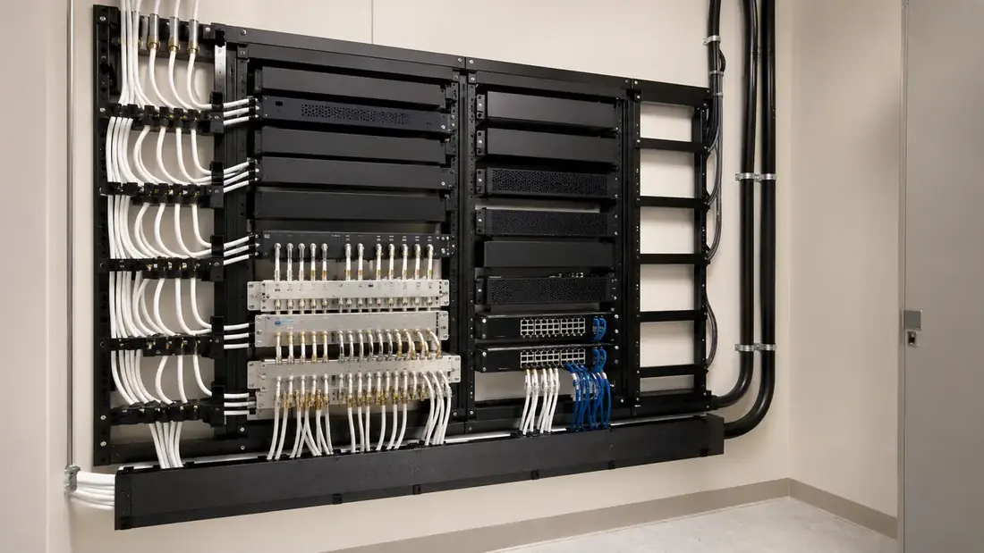 Neat commercial AV rack with decoders and distribution kit