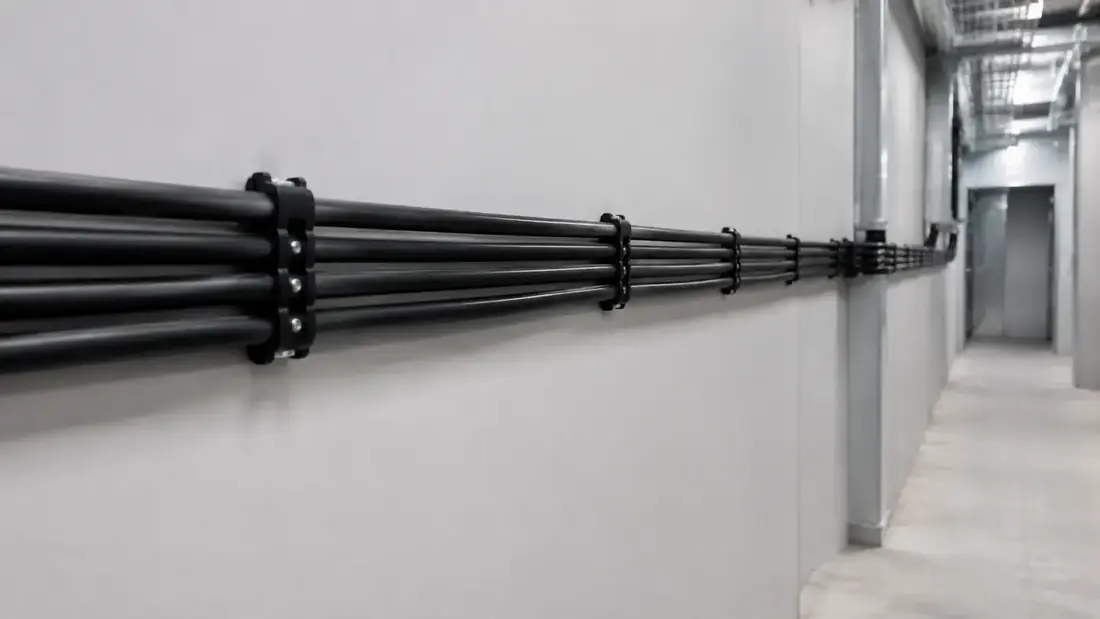 Neat communal cable trunking running between flats
