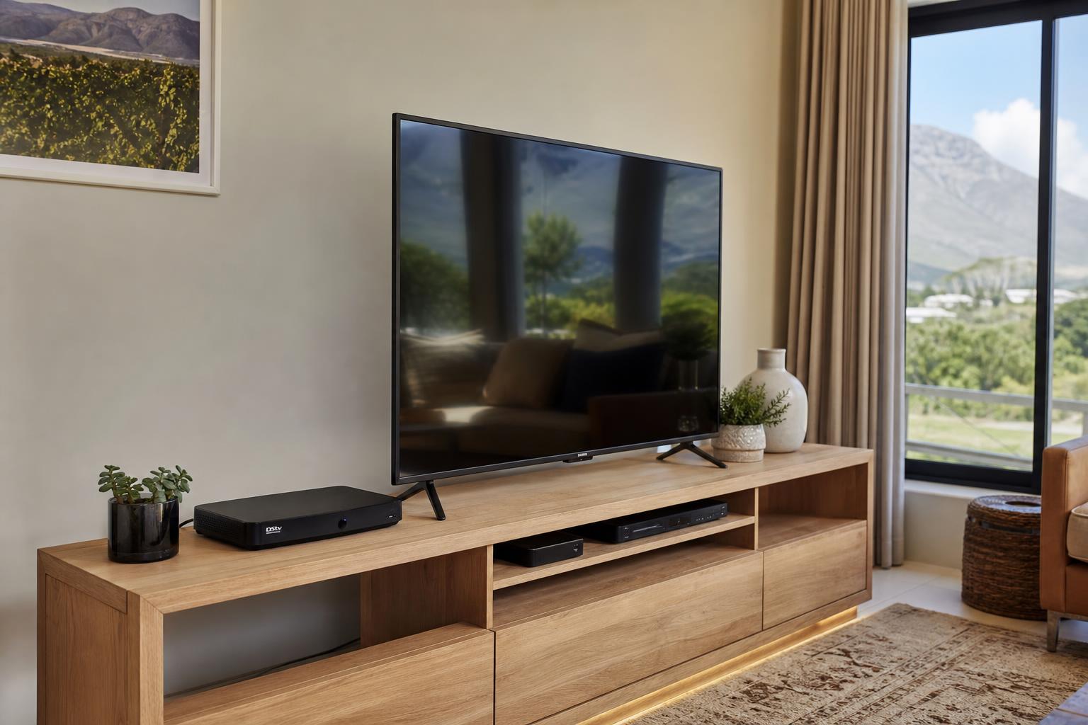 Decoder connected via HDMI to a flat-screen TV in a living room