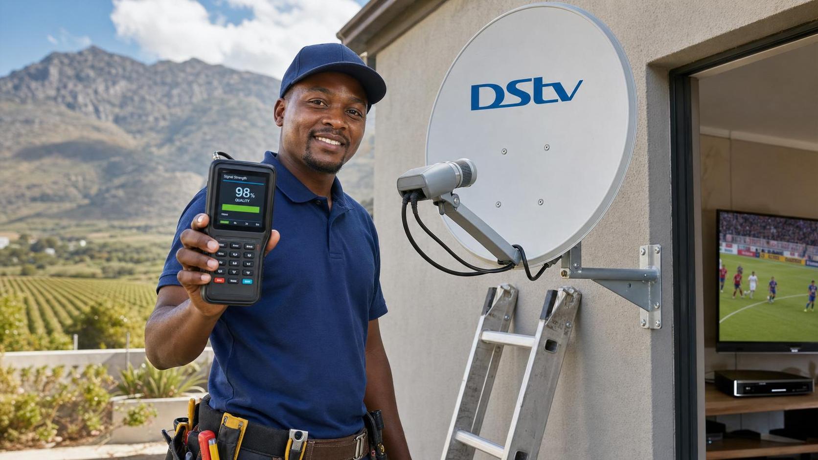 Signal strength meter showing 98% on an aligned dish