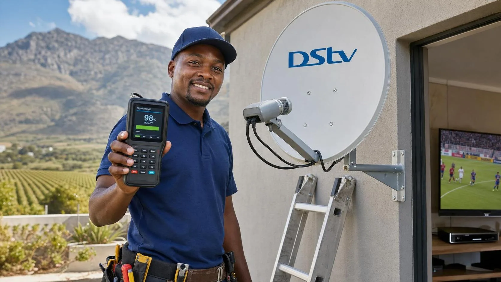 Signal strength meter showing 98% on an aligned dish
