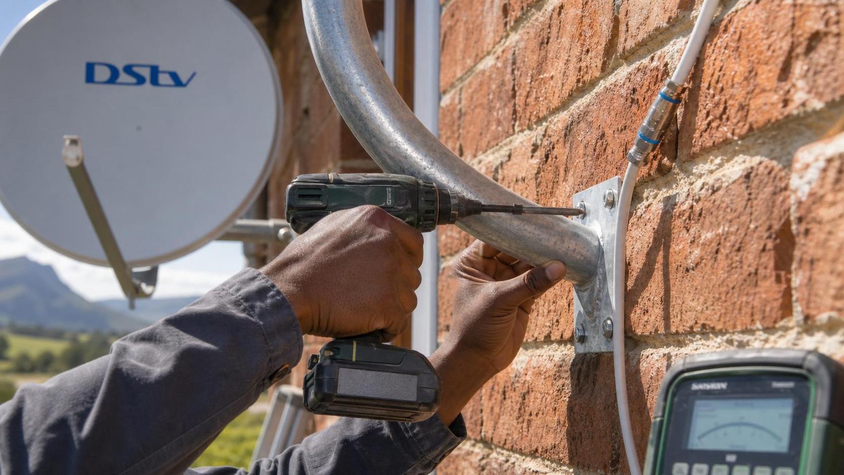 Galvanised satellite dish bracket being secured to a wall
