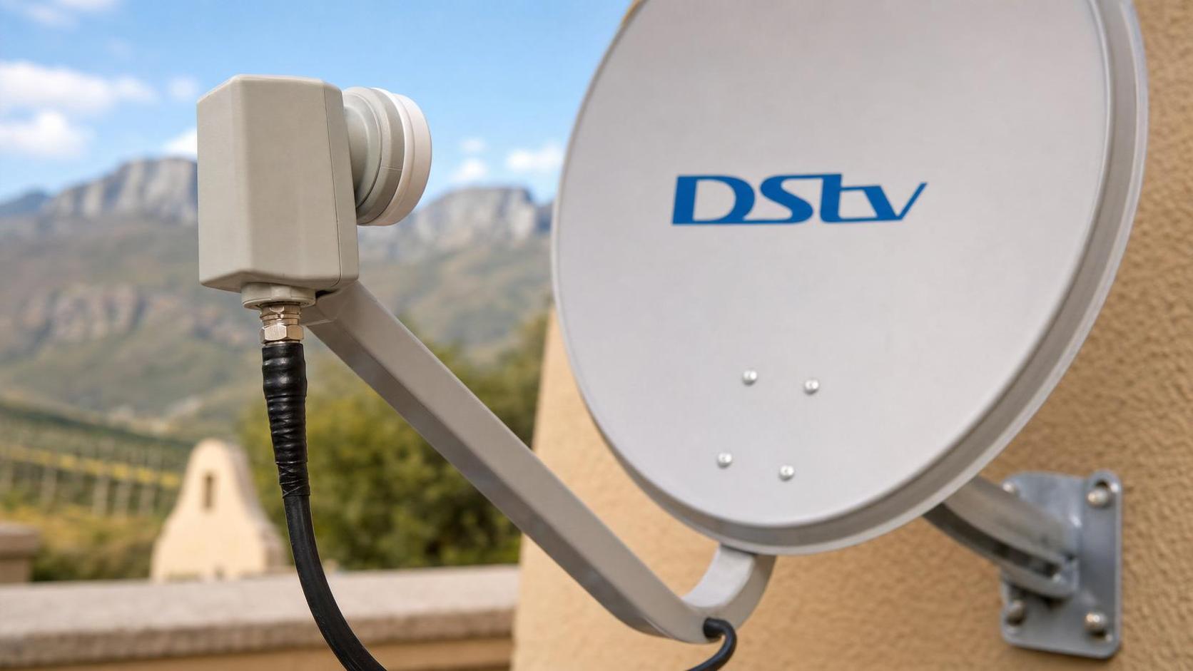 Weatherproofed F-connector and LNB cable on an installed dish