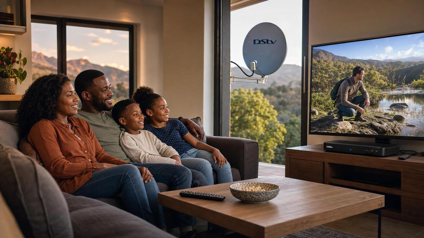 Family enjoying DSTV Explora recordings on a living room TV