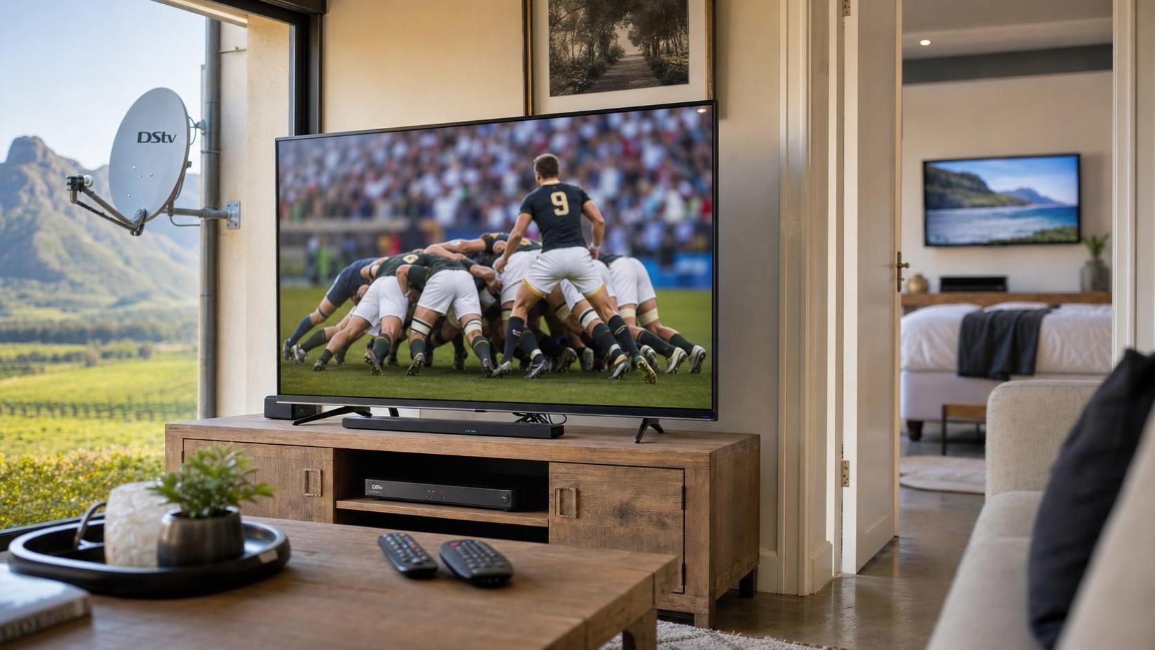 Living room TV showing one channel while bedroom watches another