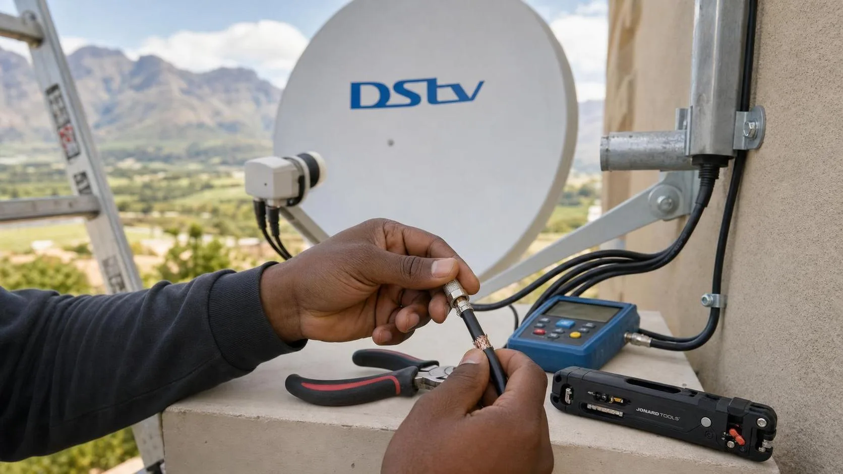 Damaged satellite cable being replaced with new RG6