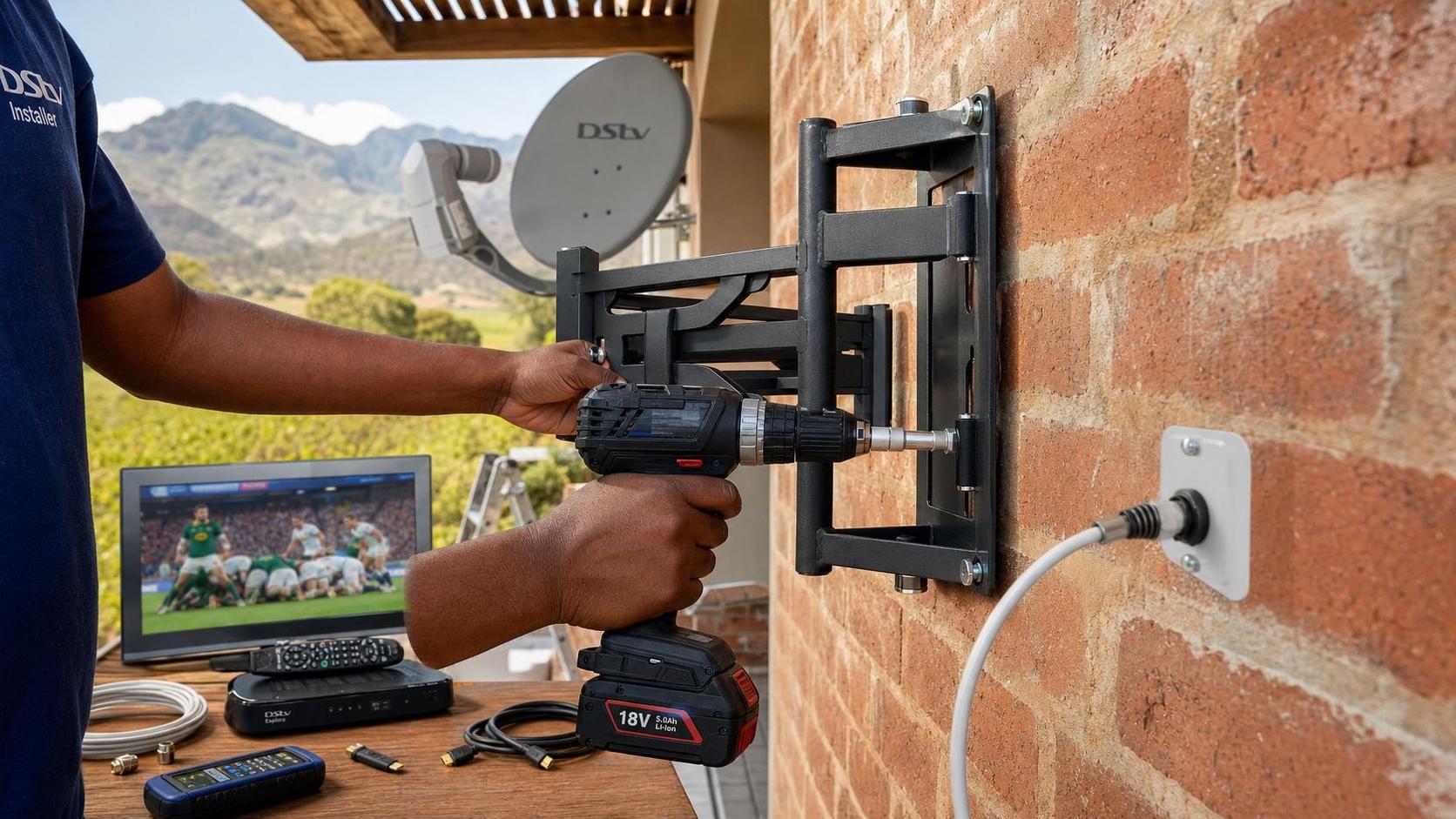 Heavy-duty TV wall bracket secured to a brick wall